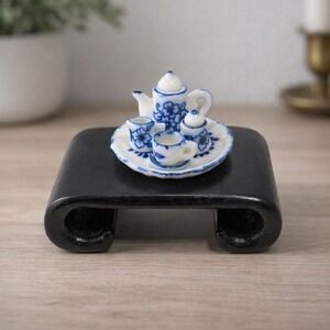 Dollhouse Miniature Coffee Set Blue White Ceramic 1:12 with Stand